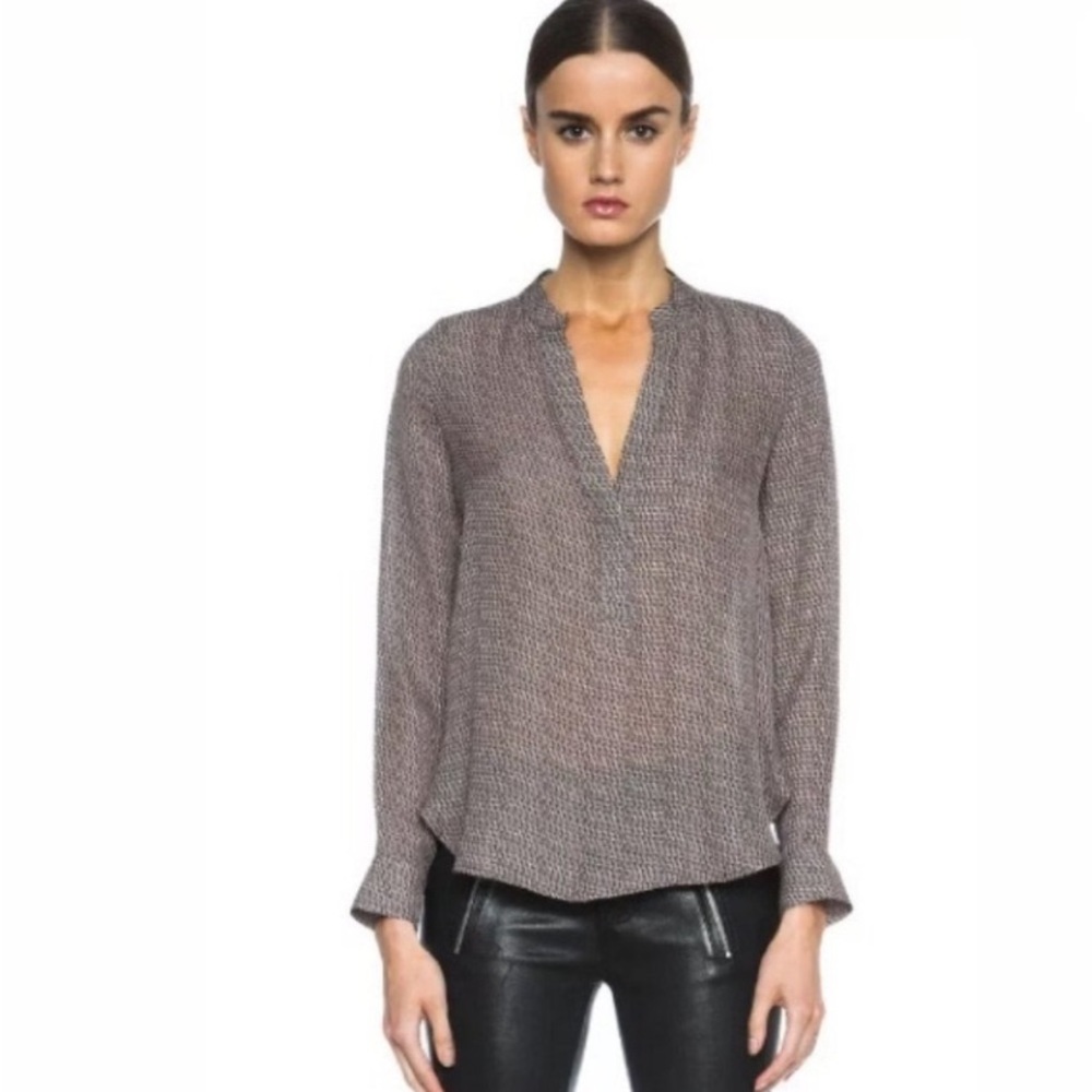 Vince Diagonal Print Silk Placket Blouse